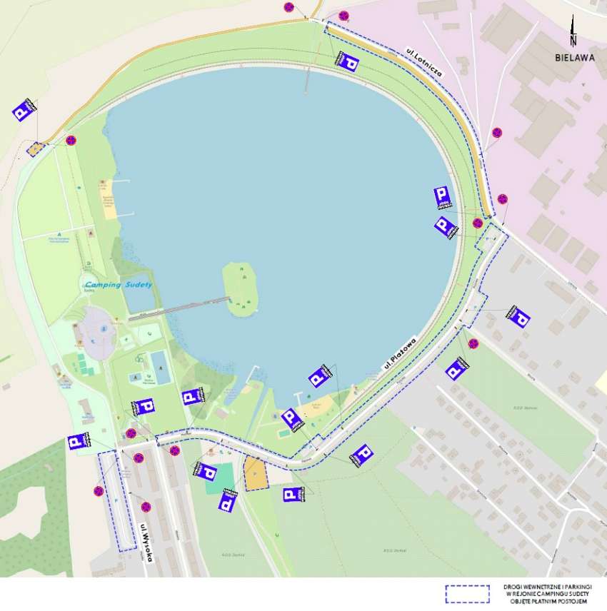 Mapa z wyszczególnionymi płatnymi parkingami wokół Jeziora Bielawskiego