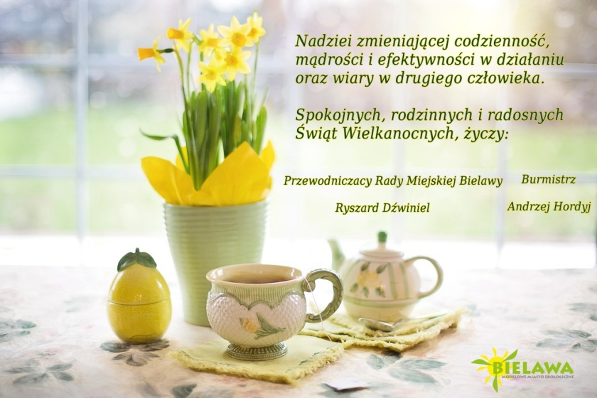 Kartka z życzeniami wielkanocnymi od bielawskiego samorządu