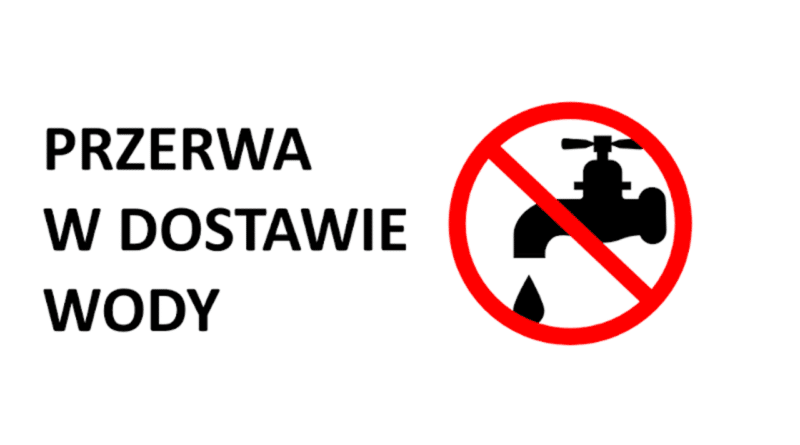 Obrazek z przekreślonym kranem i napisem Przerwa w dostawie wody
